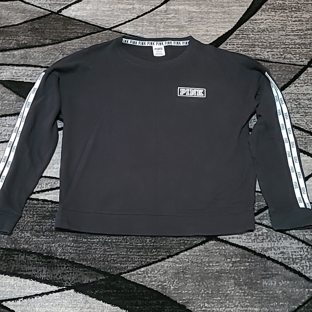 VS PINK 2017 Campus Sleeve Ticking Logo Crew Sweatshirt